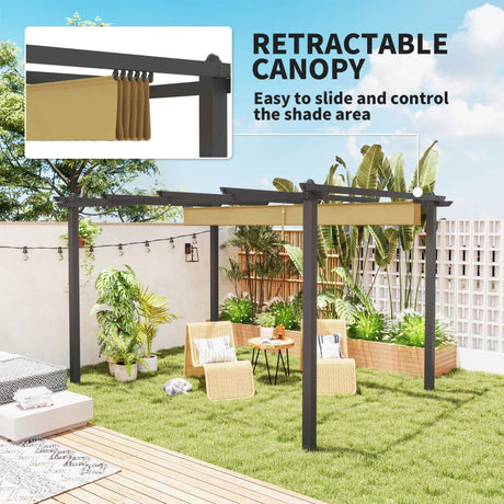 3m x 4m Aluminium Pergola – Khaki Retractable Canopy Roof, Outdoor Garden Shade Shelter