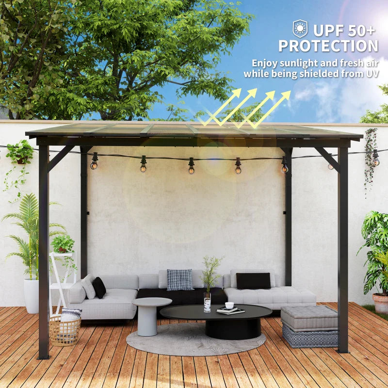 3m x 3m Metal Pergola – Dark Grey Waterproof Polycarbonate Roof UPF50+, Wall Mounted or Freestanding Garden Gazebo, Wind Resistant Sun Shelter