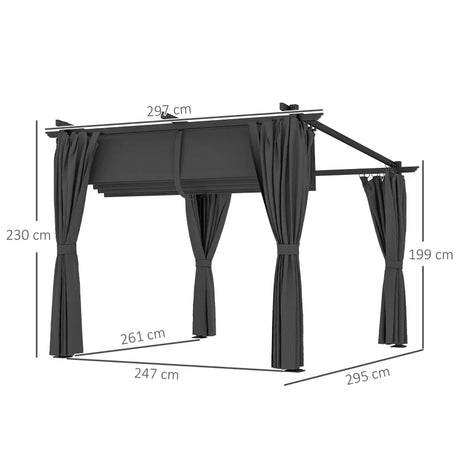 3m x 3m Retractable Roof Pergola – Dark Grey Canopy with Curtains, Outdoor Patio Shade Shelter