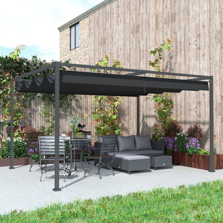 4m x 3m Metal Pergola – Black Retractable Canopy Roof, Outdoor Patio Garden Shade She