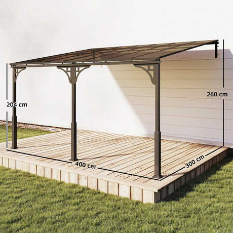 4m x 3m Wall-Mounted Lean-To Pergola with Polycarbonate Hardtop Roof – Heavy Duty Aluminium Garden Gazebo, Weatherproof Patio & BBQ Shelter, Modern Brown