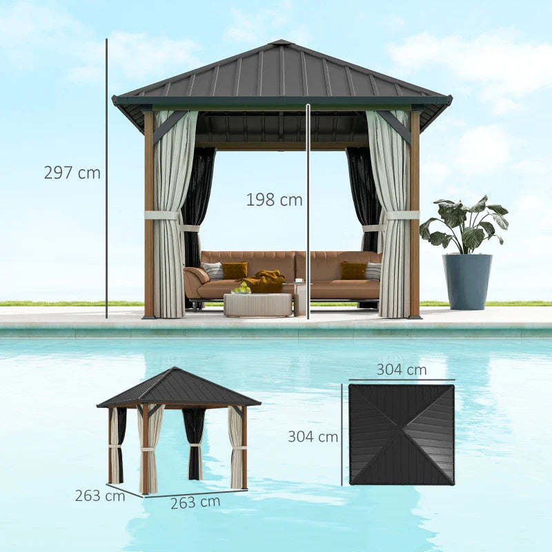 3x3m Hardtop Gazebo - Waterproof Galvanised Steel Roof Pavilion with Netting and Curtains - Walnut Wood Finish Garden Canopy