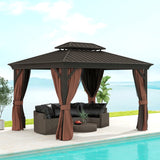 3m x 3.7m Dark Brown Outdoor Hardtop Gazebo Canopy with Aluminium Frame, 2-Tier Roof & Mesh Netting Sidewalls for Patio
