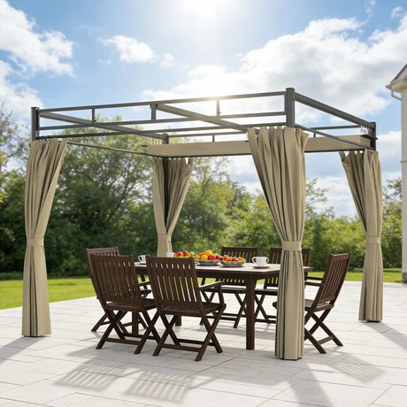 3m x 3m Pergola with Retractable Roof Canopy – UPF30+ Metal Garden Gazebo with Curtains, Outdoor Sun Shade Shelter in Khaki
