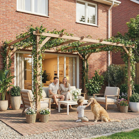 4x3m Wooden Pergola Kit with Triangle Supports – Garden Gazebo Grape Trellis Frame, 6-Beam Maple Wood-Effect Design