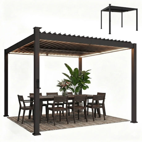 3x3m Black Louvered Pergola with Solar LED Lighting, Waterproof Metal Roof & Built-In Drainage System for Garden Patio