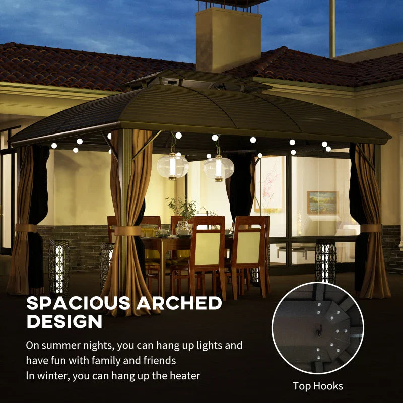 3.65m x 3m Hardtop Steel Gazebo Canopy - Aluminium Frame, Double Roof, Net Sidewalls & Curtains in Coffee
