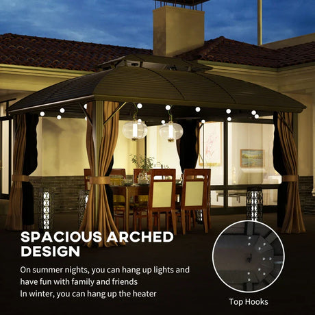 3.65m x 3m Hardtop Steel Gazebo Canopy - Aluminium Frame, Double Roof, Net Sidewalls & Curtains in Coffee