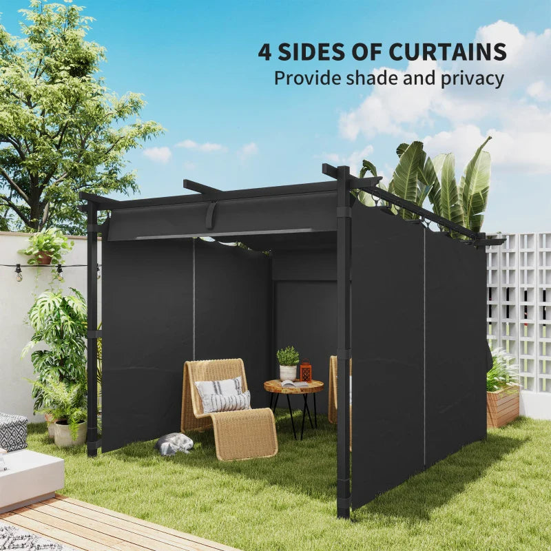 3m x 3m Retractable Roof Pergola – Dark Grey Canopy with Curtains, Outdoor Patio Shade Shelter