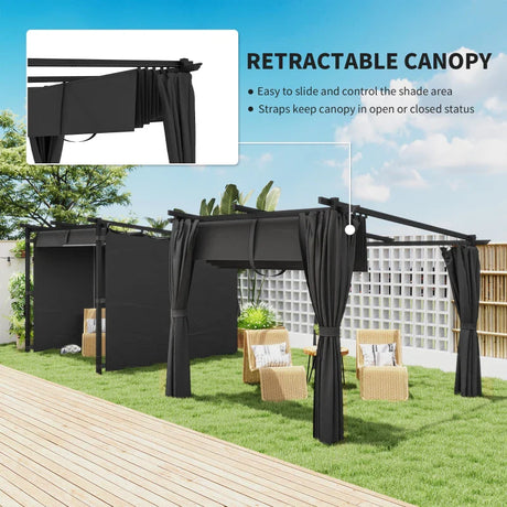 3m x 3m Retractable Roof Pergola – Dark Grey Canopy with Curtains, Outdoor Patio Shade Shelter