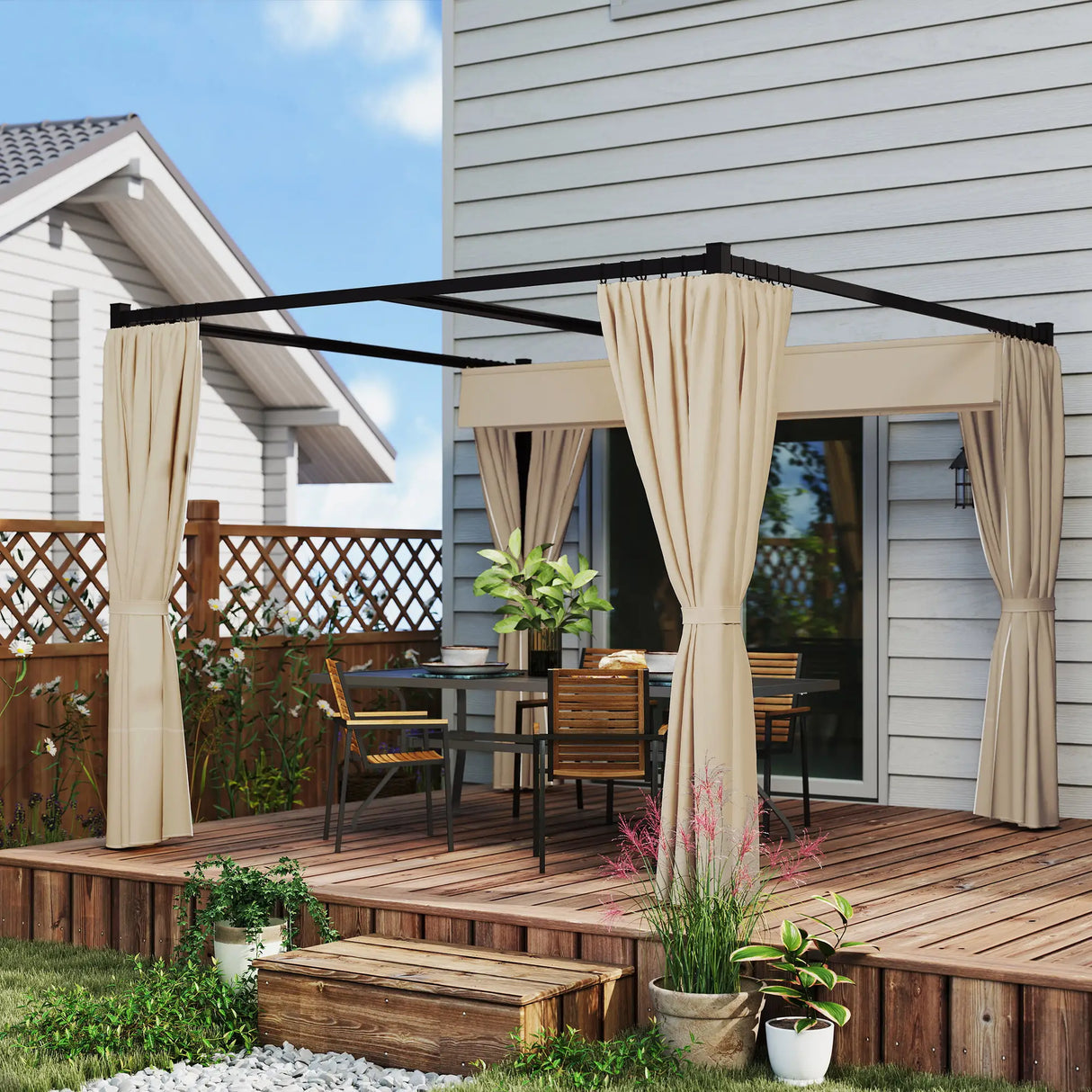 3m x 3m Retractable Metal Pergola Gazebo with Curtains – Outdoor Patio & Deck Shelter, Adjustable Canopy Shade for BBQ & Grill Area, Beige