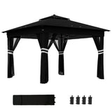 3m x 3m Black Pop Up Gazebo Party Tent with Solar-Powered LED Lights and Adjustable Netting