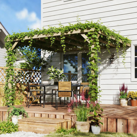 3x3m Lean-To Wooden Pergola Kit – Light Brown Decorative Garden Gazebo with Concrete Anchors & Stable Support Frame