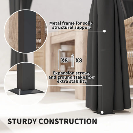 3m x 3m Retractable Pergola with Curtains – Charcoal Patio Shelter