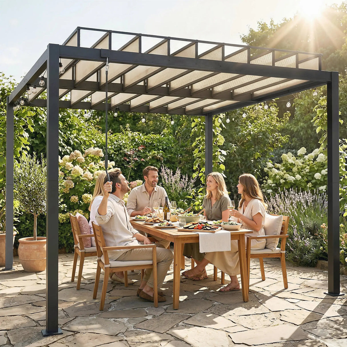 3x3m Aluminium Louvered Pergola with Polycarbonate Roof, Adjustable Panels & Drainage System – Coffee Garden Patio Gazebo