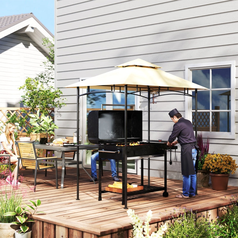 8' x 5' Beige Double Tiered BBQ Grill Gazebo Canopy with LED Lights, 2 Side Shelves & Hooks