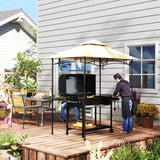 8' x 5' Beige Double Tiered BBQ Grill Gazebo Canopy with LED Lights, 2 Side Shelves & Hooks