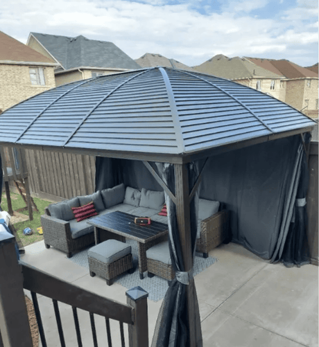 Brown Steel Hardtop Gazebo With Curtains and Netting - Trade Warehouse