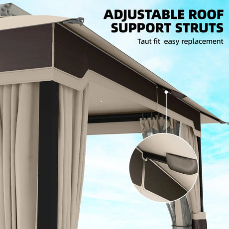 3 x 3.6m Ventilated Double Roof Garden Gazebo with Curtains & Mesh Netting, Heavy Duty Metal Frame Outdoor Patio Pavilion, Khaki