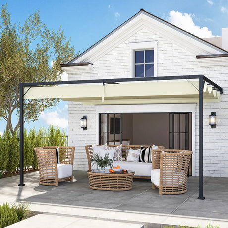 4m x 3m Metal Pergola with Retractable Sliding Canopy – Cream Garden Shade Gazebo for Patio & Deck