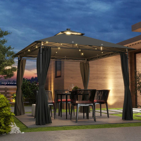 3 x 3 m Dark Grey Garden Gazebo with Double Roof, Curtains & Solar-Powered LED Lights - Outdoor Canopy Shelter for Patio & Deck