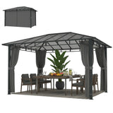 3m x 4m Hardtop Gazebo with 6 mm Polycarbonate Roof, Aluminium Permanent Garden Pavilion with Curtains, Dark Grey Outdoor Patio Canopy for Sun, Rain & Privacy