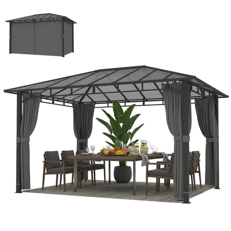 3m x 4m Hardtop Gazebo with 6 mm Polycarbonate Roof, Aluminium Permanent Garden Pavilion with Curtains, Dark Grey Outdoor Patio Canopy for Sun, Rain & Privacy