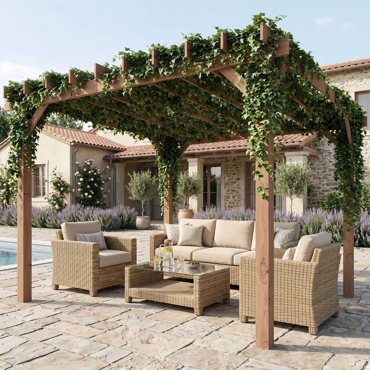3m x 3m Wooden Pergola Kit - Maple Wood-Effect Garden Pergola Gazebo with Grape Trellis Roof and Triangle Supports