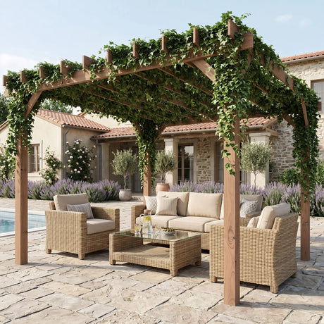 3m x 3m Wooden Pergola Kit - Maple Wood-Effect Garden Pergola Gazebo with Grape Trellis Roof and Triangle Supports