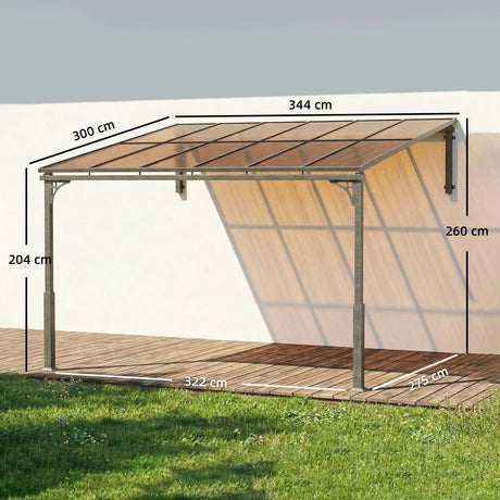 3.4m x 3m Wall-Mounted Lean-To Pergola with Polycarbonate Hardtop Roof – Heavy Duty Aluminium Garden Gazebo, Weather-Resistant Patio & BBQ Shelter, Modern Brown