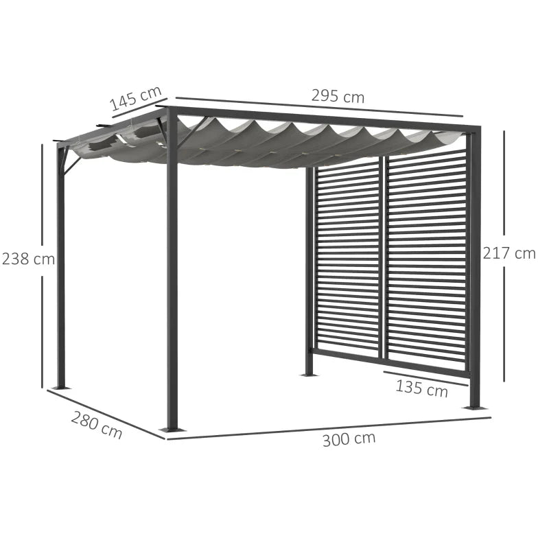 3m x 2.8m Metal Pergola – Grey Fabric Retractable Roof, Outdoor Patio Garden Shade Shelter