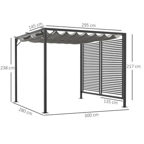 3m x 2.8m Metal Pergola – Grey Fabric Retractable Roof, Outdoor Patio Garden Shade Shelter