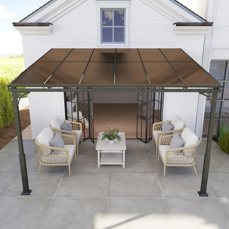 3.4m x 3m Wall-Mounted Lean-To Pergola with Polycarbonate Hardtop Roof – Heavy Duty Aluminium Garden Gazebo, Weather-Resistant Patio & BBQ Shelter, Modern Brown