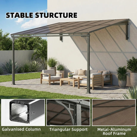 3.4m x 3m Wall-Mounted Lean-To Pergola with Polycarbonate Hardtop Roof – Heavy Duty Aluminium Garden Gazebo, Weather-Resistant Patio & BBQ Shelter, Modern Brown