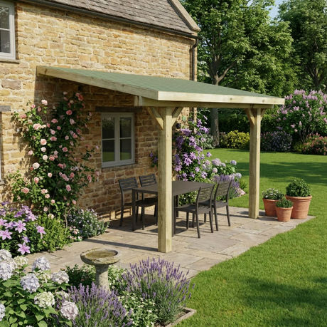 Wooden Lean-To Gazebo with Katepal Green Shingle Roof - Premium Wall-Mounted Garden Gazebo