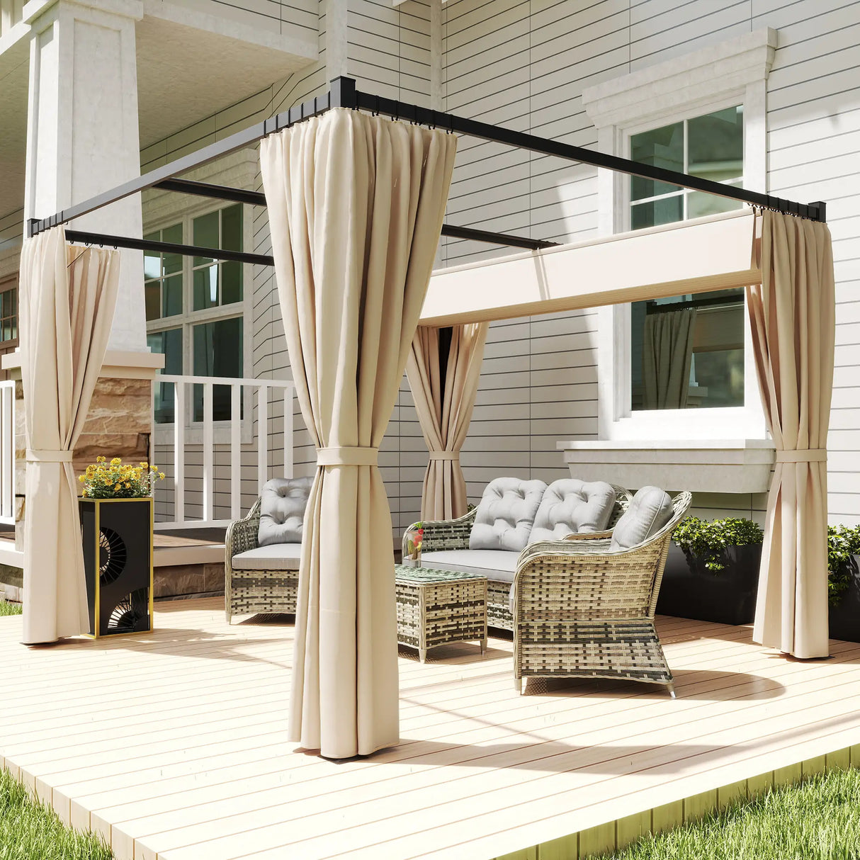 3m x 3m Retractable Metal Pergola Gazebo with Curtains – Outdoor Patio & Deck Shelter, Adjustable Canopy Shade for BBQ & Grill Area, Beige