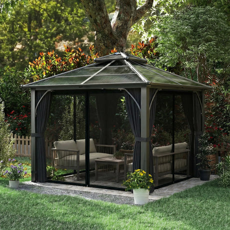 2.5m x 2.5m Hardtop Gazebo with 7mm Polycarbonate Roof – Permanent Garden Pavilion with Curtains & Mosquito Netting, Weatherproof Outdoor Canopy in Dark Grey