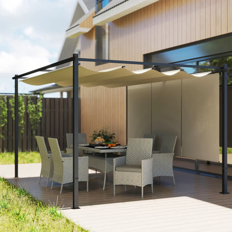 3m x 4m Metal Pergola with Retractable Roof & Roller Shade – UPF30+ Free-Standing Garden Gazebo Canopy, Outdoor Sun Shelter in Beige