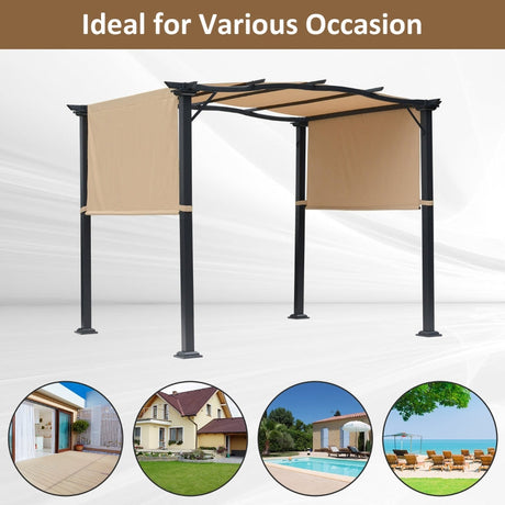 2.96m x 2.45m Steel Pergola – Khaki Retractable Double Side Canopy Roof, Adjustable Sun Shade Shelter with UV Resistant Fabric for Patio & Back Garden