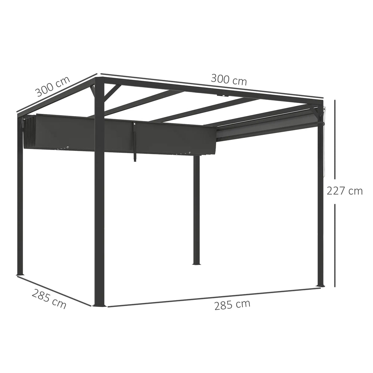 3m x 3m Aluminium Pergola – Dark Grey Retractable Roof with Side Wall, Outdoor Patio Shade Shelter