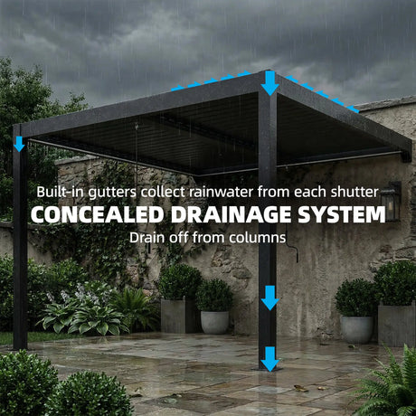 3x3m Wall Mounted Louvered Pergola with LED Lights, Aluminium Frame & Adjustable Metal Roof – Dark Grey Patio Gazebo