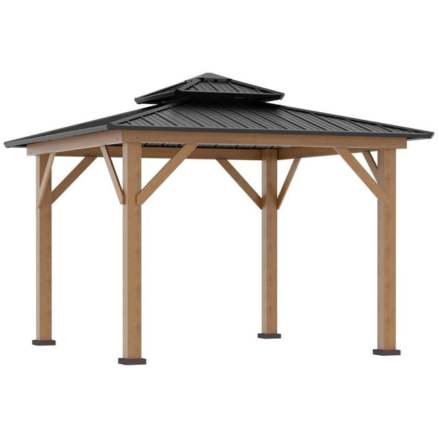Fir Wood 3.5 x 3.5m Grey Patio Shelter: Two-tier Metal Roof Hardtop Gazebo Canopy - Trade Warehouse