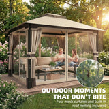 3 x 3.6m Ventilated Double Roof Garden Gazebo with Curtains & Mesh Netting, Heavy Duty Metal Frame Outdoor Patio Pavilion, Khaki