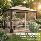 3 x 3.6m Ventilated Double Roof Garden Gazebo with Curtains & Mesh Netting, Heavy Duty Metal Frame Outdoor Patio Pavilion, Khaki