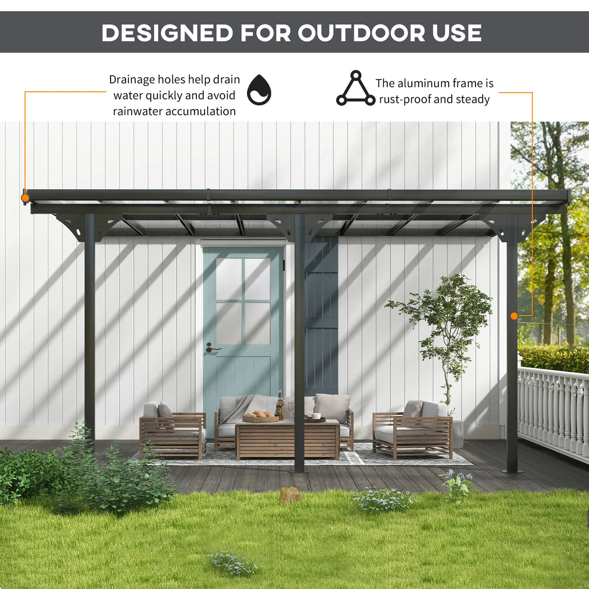 4.35m x 3m Wall Mounted Pergola with Retractable Canopy, Aluminium Frame & Polycarbonate Roof – Grey Patio Cover