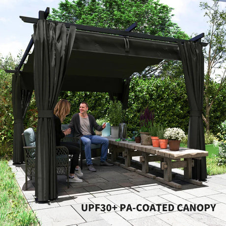3m x 3m Retractable Roof Pergola – Dark Grey Canopy with Curtains, Outdoor Patio Shade Shelter