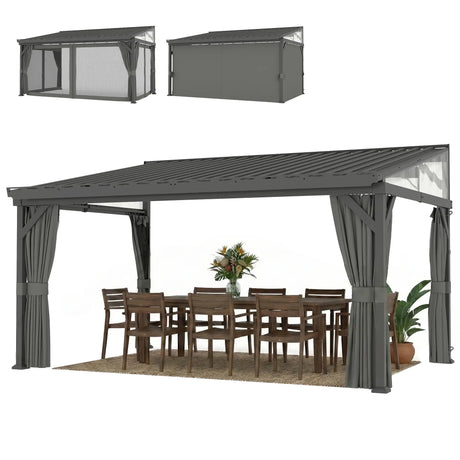 4.3m x 3m Lean-To Pergola with Galvanised Steel Roof – Wall-Mounted Garden Gazebo with Netting & Curtains, Heavy-Duty Outdoor Canopy in Dark Grey