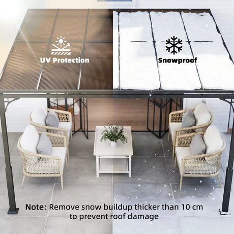 3.4m x 3m Wall-Mounted Lean-To Pergola with Polycarbonate Hardtop Roof – Heavy Duty Aluminium Garden Gazebo, Weather-Resistant Patio & BBQ Shelter, Modern Brown