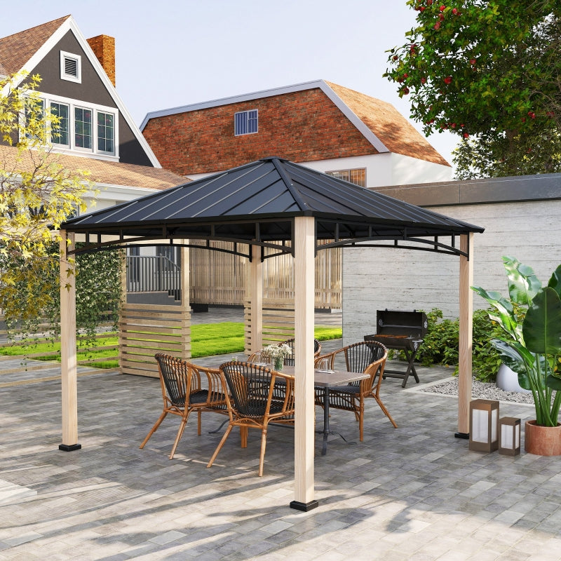 3m x 3m Metal Gazebo – Black Frame with Wood Effect Finish, Outdoor Patio Garden Shelter