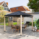 3m x 3m Metal Gazebo – Black Frame with Wood Effect Finish, Outdoor Patio Garden Shelter